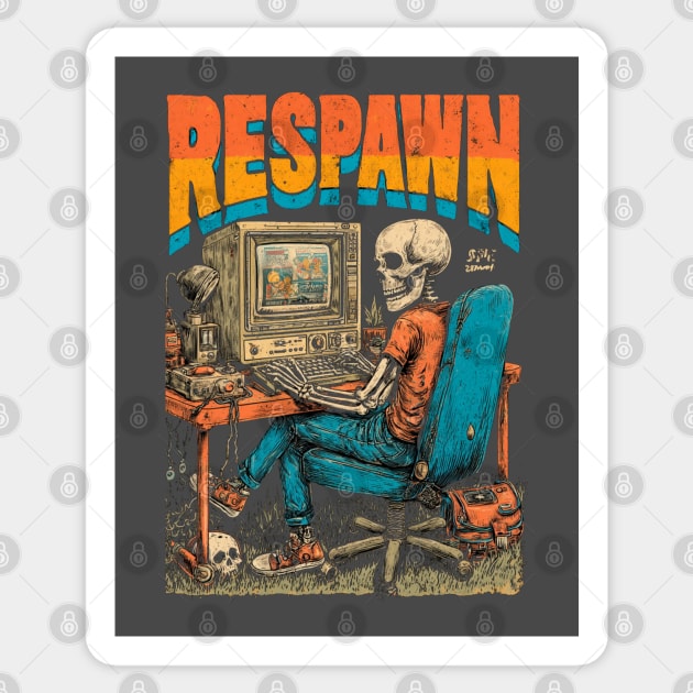 Respawn - Retro Computer Gamer Skeleton Design Sticker by TuncGK